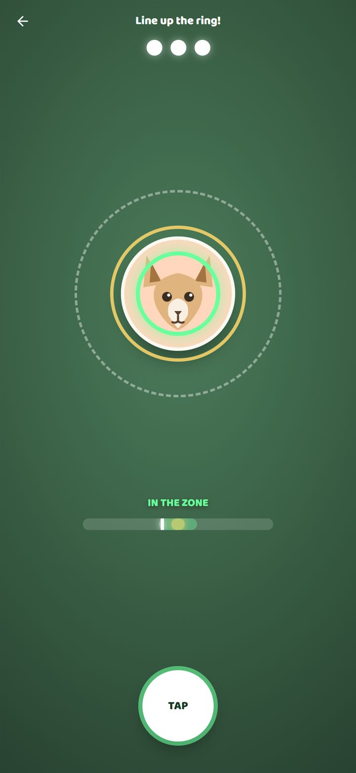 Ring minigame: needle in the zone around a wild fox, three attempt pips, TAP button