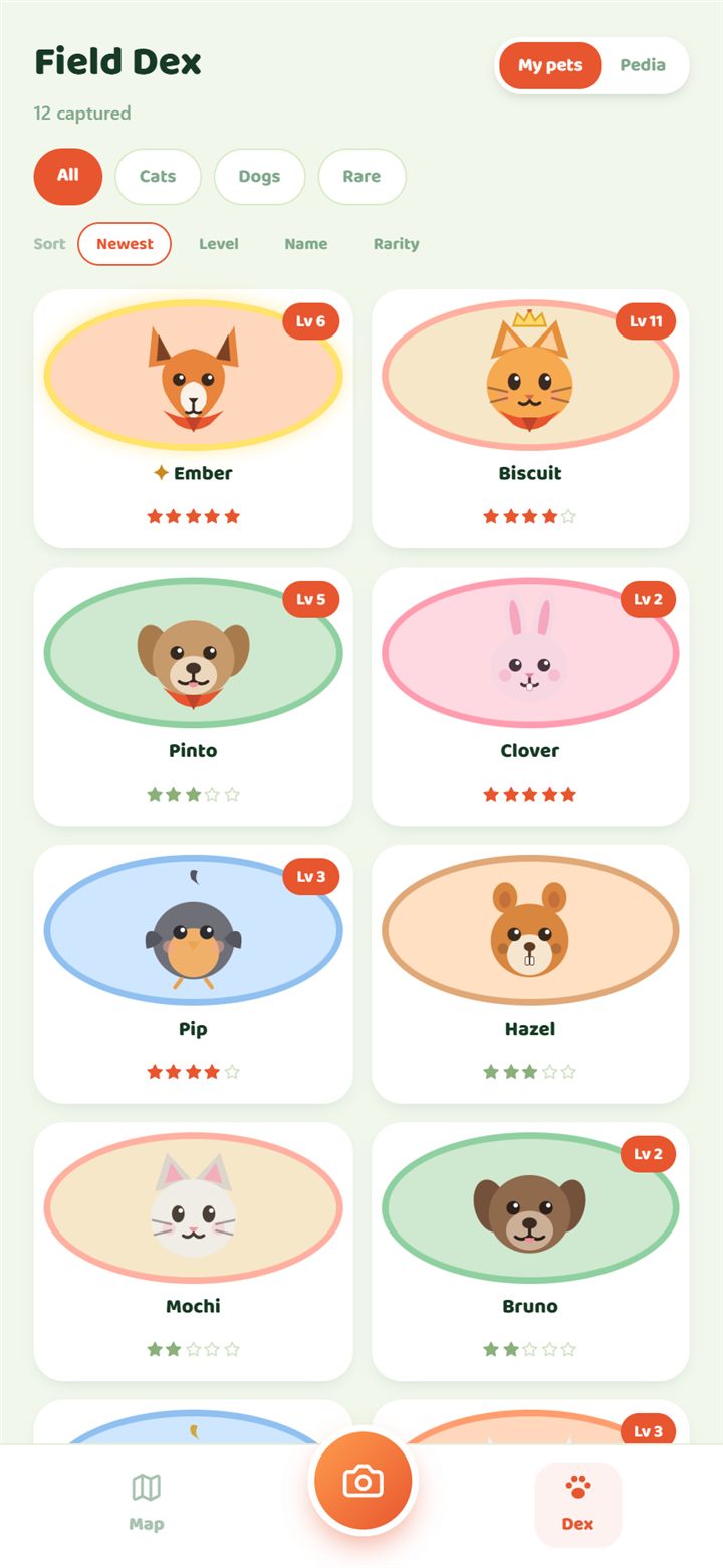 Field Dex collection grid with a shiny fox, levels and rarity stars