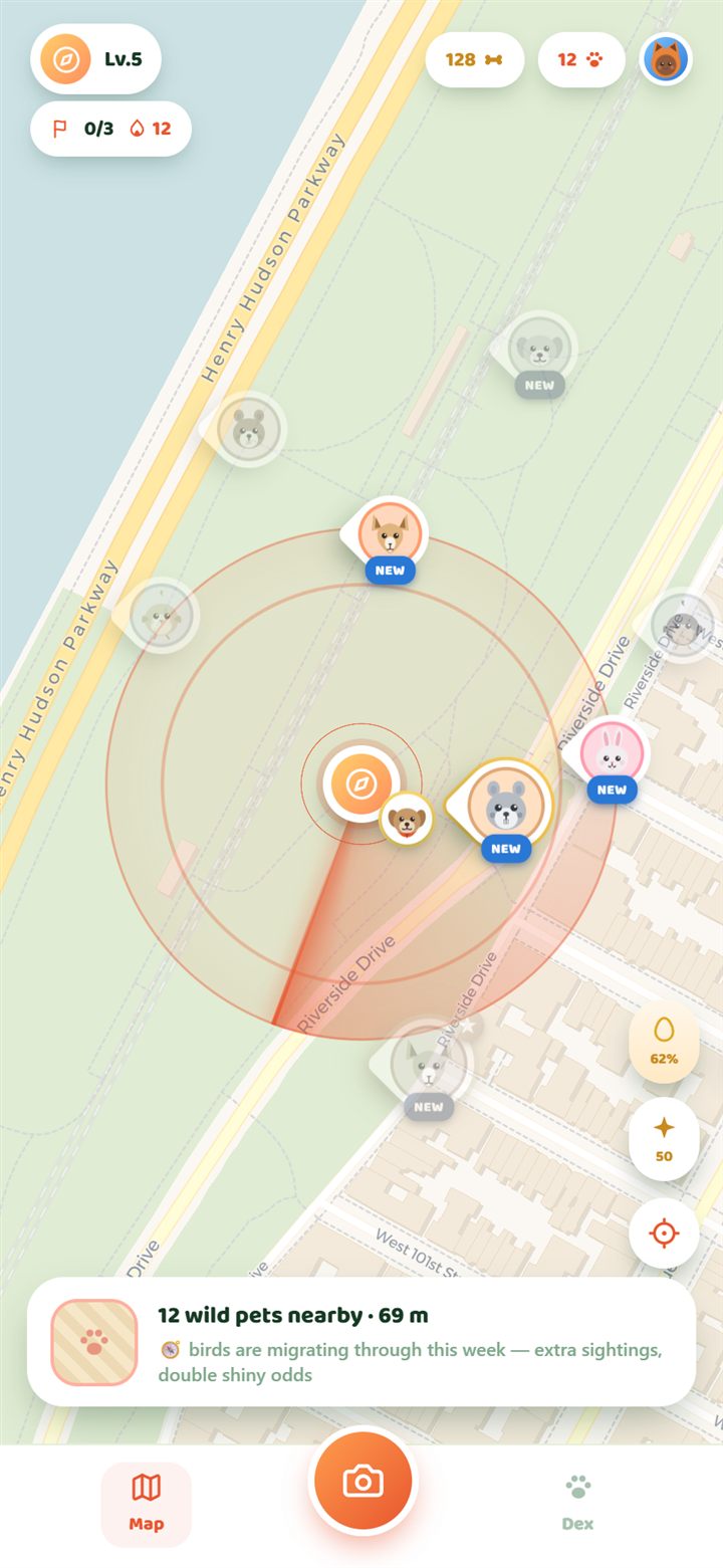 CritterGo live map: wild critter pins on real streets around the player, radar ring, treats and egg buttons
