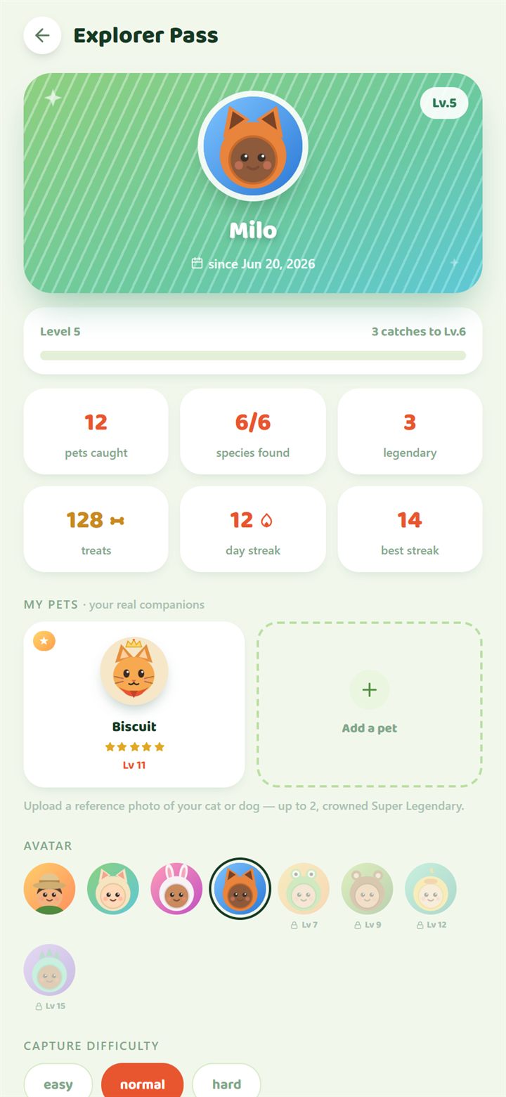 Explorer Pass: trainer card with avatar and level, stat tiles for catches, species, treats and streaks
