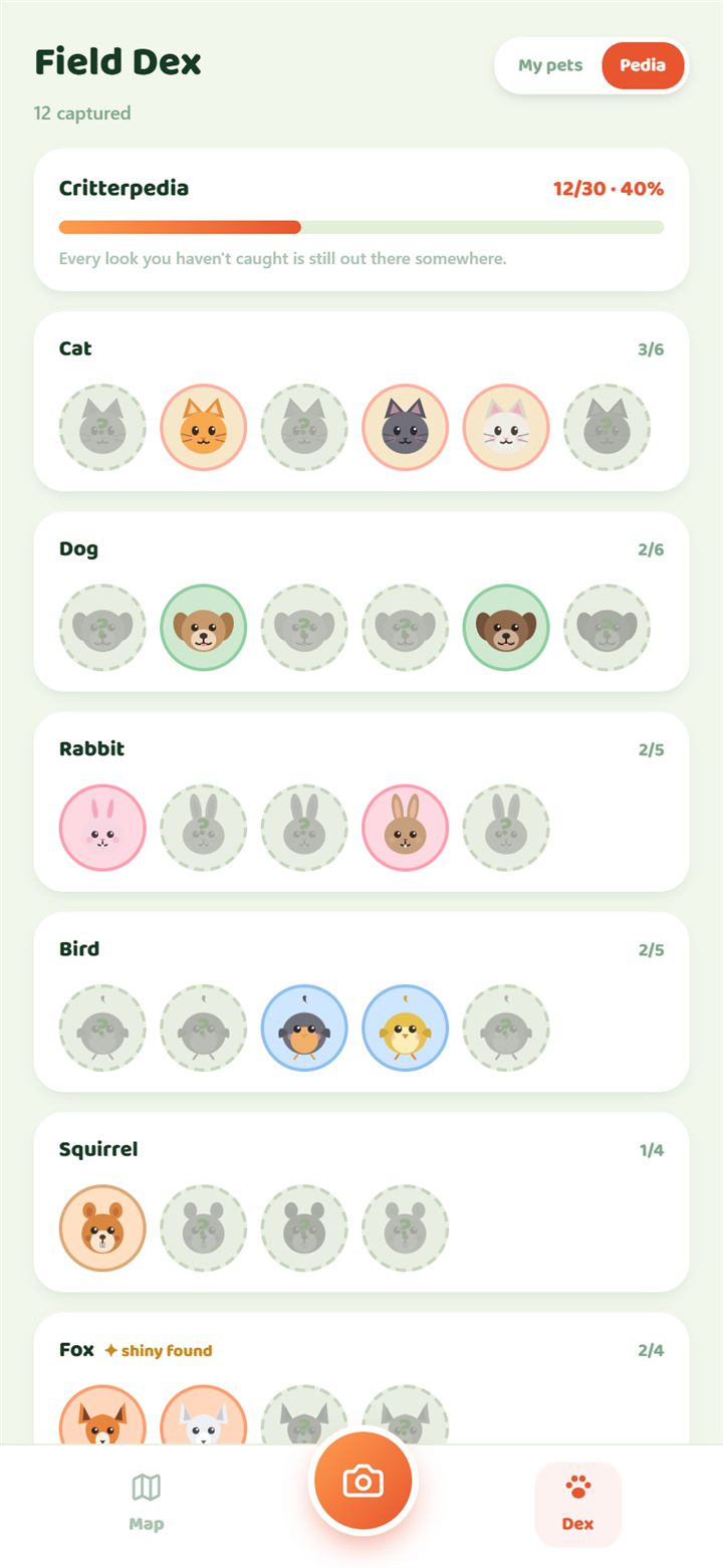 Critterpedia: 12 of 30 looks found, per-species rows with mystery silhouettes and a shiny-found marker on Fox