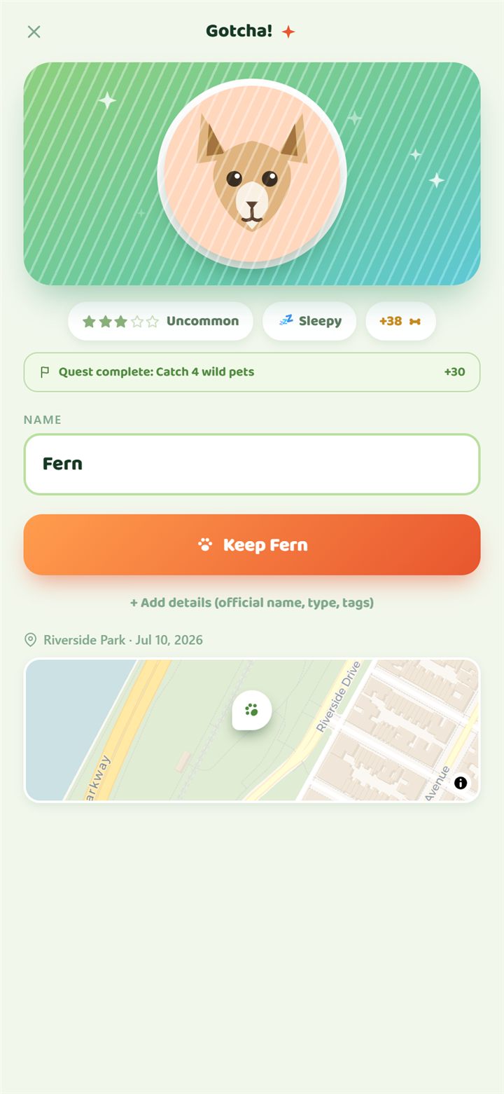 Gotcha! catch result card with rarity stars, a personality trait, treat rewards and a quest-complete bonus